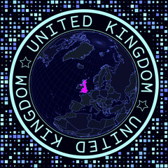 United Kingdom on globe vector. Futuristic satelite view of the world centered to United Kingdom. Geographical illustration with shape of country and squares background.
