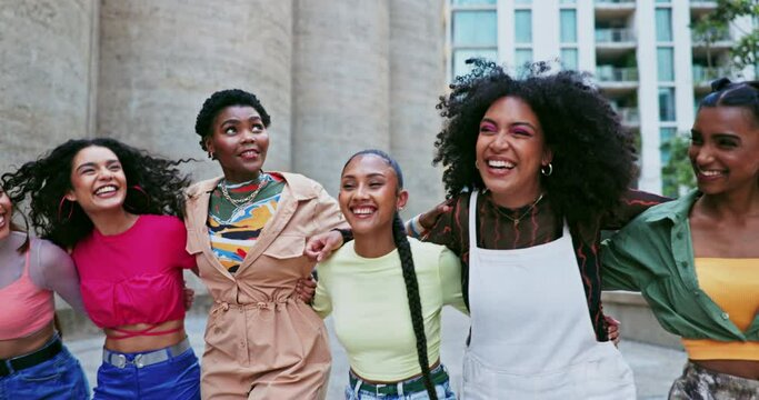 Friends, walking or women with fashion in city on holiday vacation with cool clothing, streetwear or swag. Happy people, smile or trendy stylish urban clothes with confidence, group or youth culture