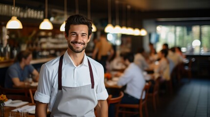 Portrait of a happy male waiter in a restaurant
