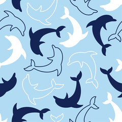 Fototapeta premium Dark blue and white dolphins on blue background. Vector seamless pattern. Marine underwater life. Best for textile, wallpapers, wrapping paper, package and home decoration.