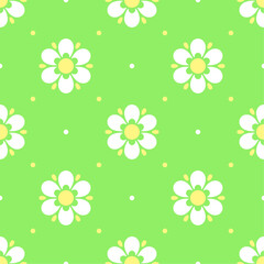 White stylized flowers on geen dotted background. Vector seamless pattern. Best for textile, wallpapers, home decoration, wrapping paper, package and your design.