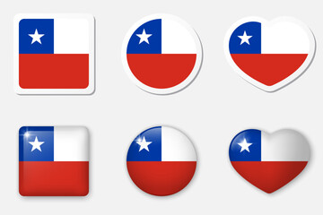Flag of Chile icons collection. Flat stickers and 3d realistic glass vector elements on white background with shadow underneath.