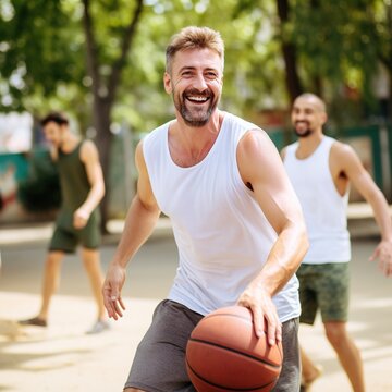 Smiling man playing basketball with friends