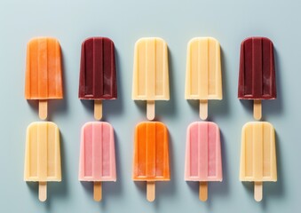 Set of various colorful fruit and berry popsiclesมSet of fruit ice cream, frozen juice on wooden stick, fruity popsicle. Colorful cold summer dessert