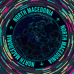 Macedonia on globe. Satellite view of the world centered on Macedonia. Bright neon style. Futuristic radial bricks background. Artistic vector illustration.