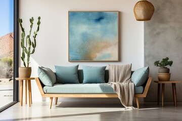 Blue and white abstract painting in a modern living room