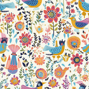 Seamless pattern of frolicking animals and birds