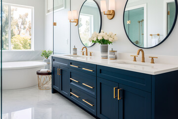 Fototapeta premium Brand new luxury home showcases a beautiful bathroom flooded with light, featuring a spacious vanity with dark blue cabinets, two sinks, a bathtub, circular mirrors, and a stylish closet.