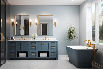 Brand new luxury home showcases a beautiful bathroom flooded with light, featuring a spacious vanity with dark blue cabinets, two sinks, a bathtub, circular mirrors, and a stylish closet.