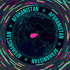Afghanistan on globe. Satellite view of the world centered on Afghanistan. Bright neon style. Futuristic radial bricks background. Cool vector illustration.