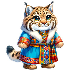 Creative watercolor illustration of a cute Lynx animal wearing a creative national costume of Mongolia, perfect for creative clipart use.
