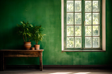 Within a vintage wooden house, the interior design features white walls and grunge-inspired decor with green accents. Light filters through the old window, adding to the ambiance.