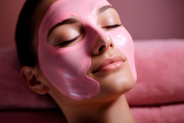 A lovely young girl receives a pink facial mask at an indoor spa salon, providing ample copyspace for text.