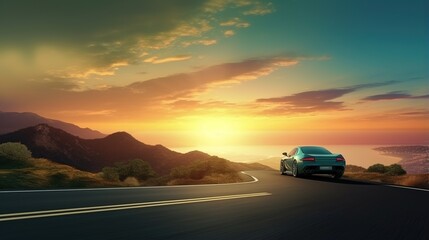 Fototapeta na wymiar Green sports car driving through a winding road with mountains and sea in the background