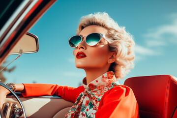 A stylish woman strikes a pose in a vintage car adorned with trendy accessories, offering copyspace for text.