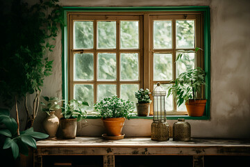 Within a vintage wooden house, the interior design features white walls and grunge-inspired decor with green accents. Light filters through the old window, adding to the ambiance.