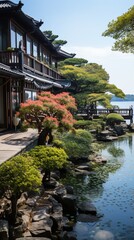 Fototapeta premium Japanese traditional house and garden with a pond