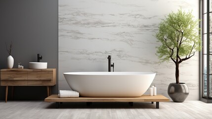 Modern bathroom interior with freestanding bathtub, wooden vanity, and large tree in planter
