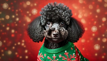 Cute dog poodle husky puppy in holiday green and red printed sweaters with a red background
