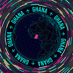 Ghana on globe. Satellite view of the world centered on Ghana. Bright neon style. Futuristic radial bricks background. Captivating vector illustration.