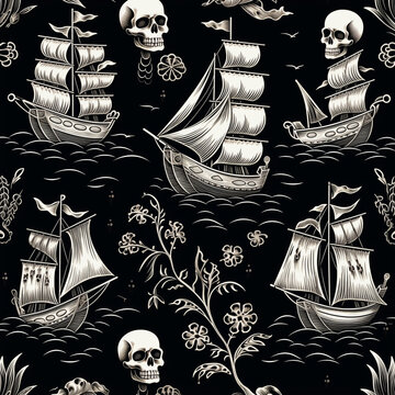 seamless pattern with pirate skulls black and white