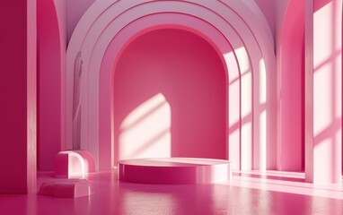 Pink round ceramic podium with minimal pink texture abstract beige background. 3D Modern pink Valentine minimal showcase product presentation