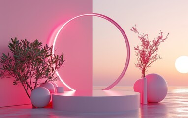 Pink round ceramic podium with circle pink neon backlight on pastel pink background. 3D Pink Modern Minimal products demonstrating