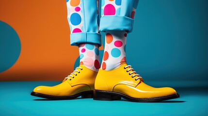 A person wearing colorful socks and yellow shoes