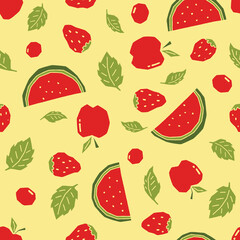 Colorful Vector Juicy Fresh Fruit Repeat Seamless Pattern with Yellow Background