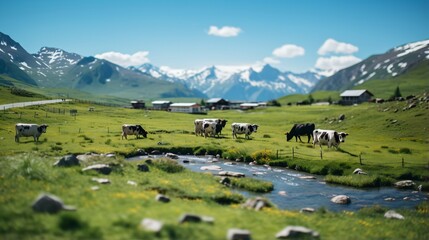 Fototapeta na wymiar Cows grazing in a lush green pasture with snow-capped mountains in the distance