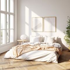 Fototapeta na wymiar Bright and Airy Minimalist Bedroom