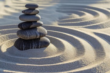 Fototapeta na wymiar Zen garden with raked sand and stones Symbolizing tranquility