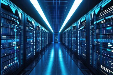 High-tech data center with rows of servers and led lights