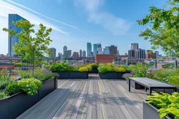 Modern urban rooftop garden with cityscape in the background