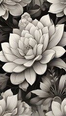 Abstract floral background with white lotus flowers. Hand-drawn illustration.