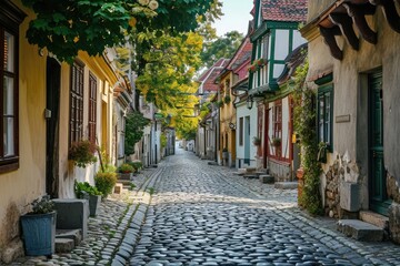 Fototapeta premium Old european cobblestone street with historic buildings