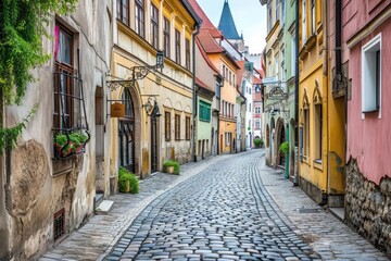 Old european cobblestone street with historic buildings