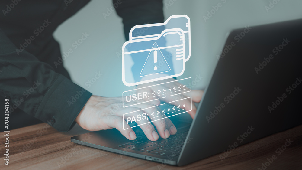 Poster Employee downloading computer files or installing software on laptop computer, but the username and password was entered incorrectly. Concept of cloud storage technology, data backup, cyber security.