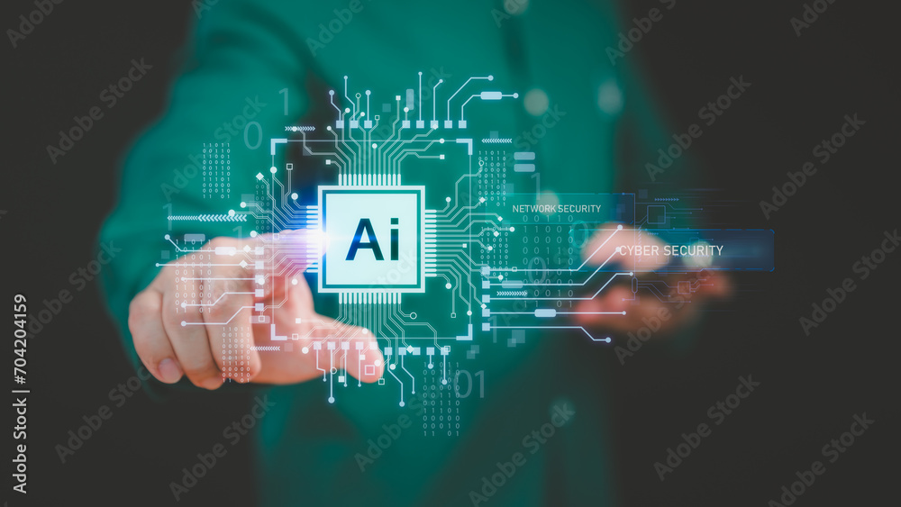 Poster Chat with AI technology, User touch the virtual screen with Ai symbol for cybersecurity internet connect chatbot, Artificial Intelligence. Man using command prompt for generates something in design.