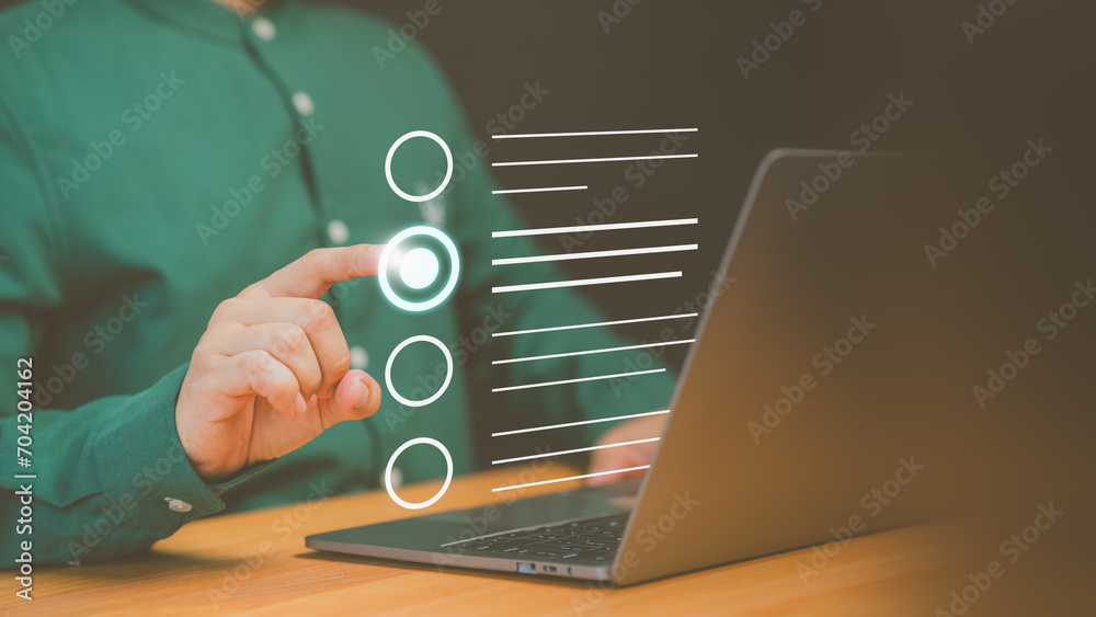 Fototapete business performance checklist, employee use a computer laptop making online checklist survey. docum
