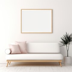 White sofa with pink pillows in front of blank picture frame and plant,