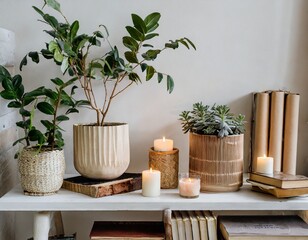 Cozy plants textiles candles warm neutral colors shelves vintage books cafe 