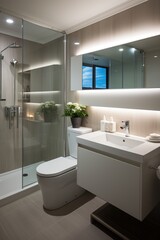 Fototapeta na wymiar Modern bathroom interior with glass shower enclosure and white vanity