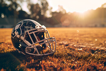 A football and a helmet resting on the field. - obrazy, fototapety, plakaty
