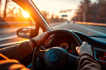 Naklejka premium The hands of a car driver firmly gripping the steering wheel during a road trip, navigating through a highway landscape.