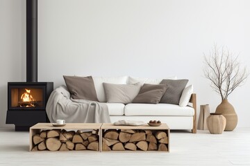 Bright living room interior with firewood and a fireplace