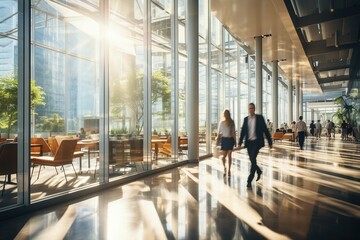 Business professionals walking in a modern office building - obrazy, fototapety, plakaty