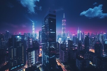 A stunning of a modern city at night with its skyscrapers and bright lights - obrazy, fototapety, plakaty