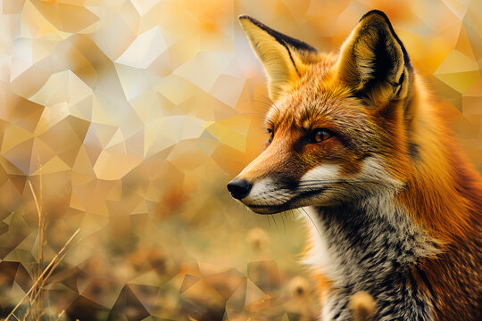 A fox captured in a polygonal geometric frame, photographed in a natural environment reminiscent 
