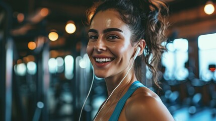 Beautiful athletic woman listening music over earbuds and smile in gym. Healthy woman concept.